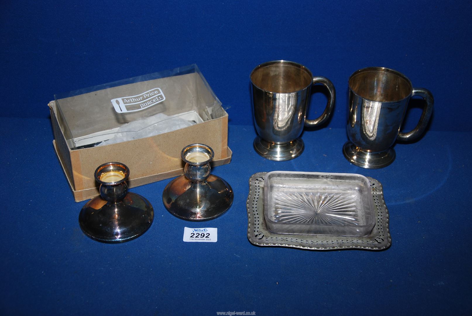A pair of plated tankards, a pair of Arthur Price plated candle holders and an EPNS butter dish. - Image 2 of 2