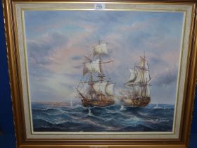 A large framed Oil painting depicting maritime scene with two three mast sailing ships in battle,