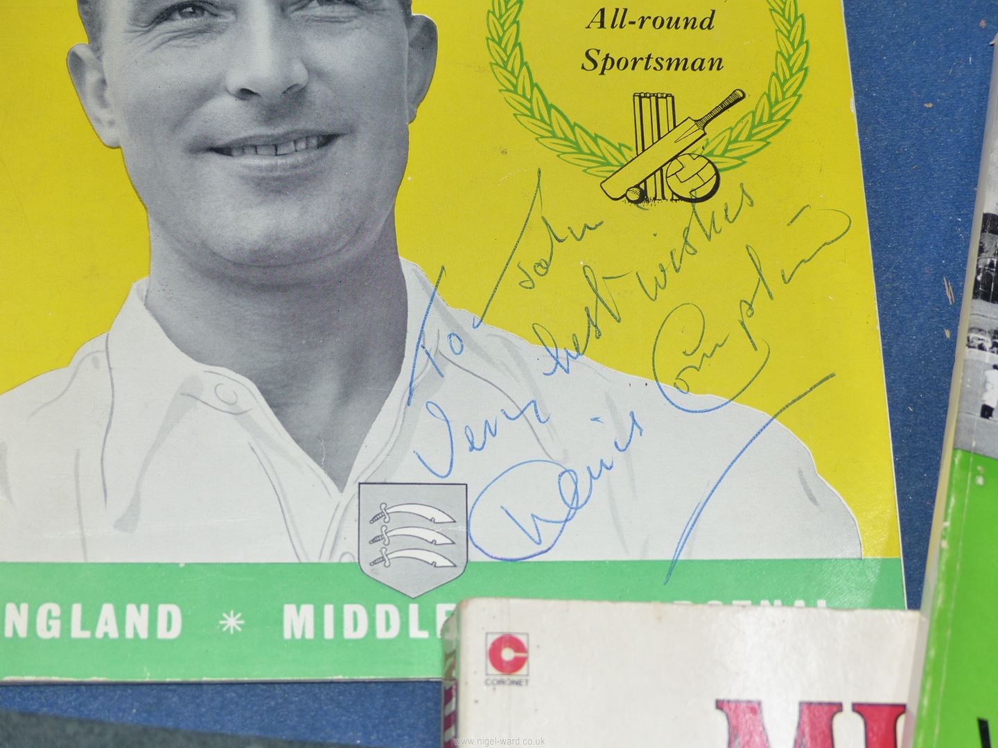 A box of cricket and football ephemera including Denis Compton signed booklet, - Image 2 of 2