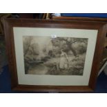 A large wooden framed sepia Print of a Mother and daughter outside a water mill with a young boy