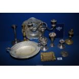 A box of mixed metals including brass candlesticks, photograph frame, dishes etc.