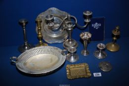 A box of mixed metals including brass candlesticks, photograph frame, dishes etc.