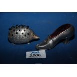 Two novelty pin cushions, one hollow silver hedgehog, Birmingham 1905,