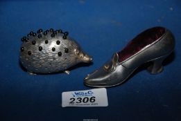 Two novelty pin cushions, one hollow silver hedgehog, Birmingham 1905,