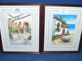 An Oil on canvas of Mediterranean cottage and seascape signed Kufi (glass a/f),