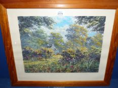 A wooden framed Oil on board depicting a country cottage with wild flower meadow,