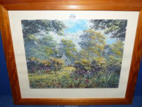 A wooden framed Oil on board depicting a country cottage with wild flower meadow,