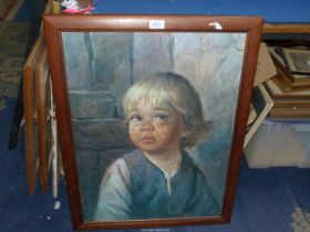 A framed Print on board "The Crying Boy", signed top right G.