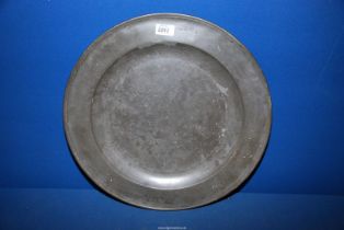 A large pewter charger formerly from The Green Dragon, Hereford, 18".