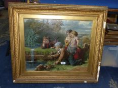 A large Lithograph 1872 in original heavy ornate frame depicting children fishing, initialled.