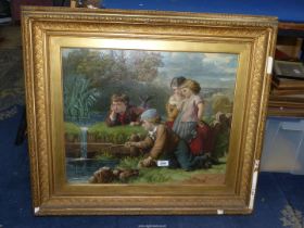 A large Lithograph 1872 in original heavy ornate frame depicting children fishing, initialled.