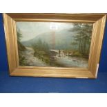 A framed Print of country landscape with deer crossing the river, mountains in the distance,