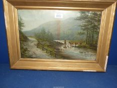 A framed Print of country landscape with deer crossing the river, mountains in the distance,