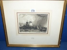 John Berney Crome (1794-1842), coastal view with windmills, grey wash, 5 1/2" x 7 1/2".