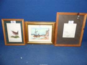Three framed and mounted pictures to include; watercolour of a harbour scene, unsigned,