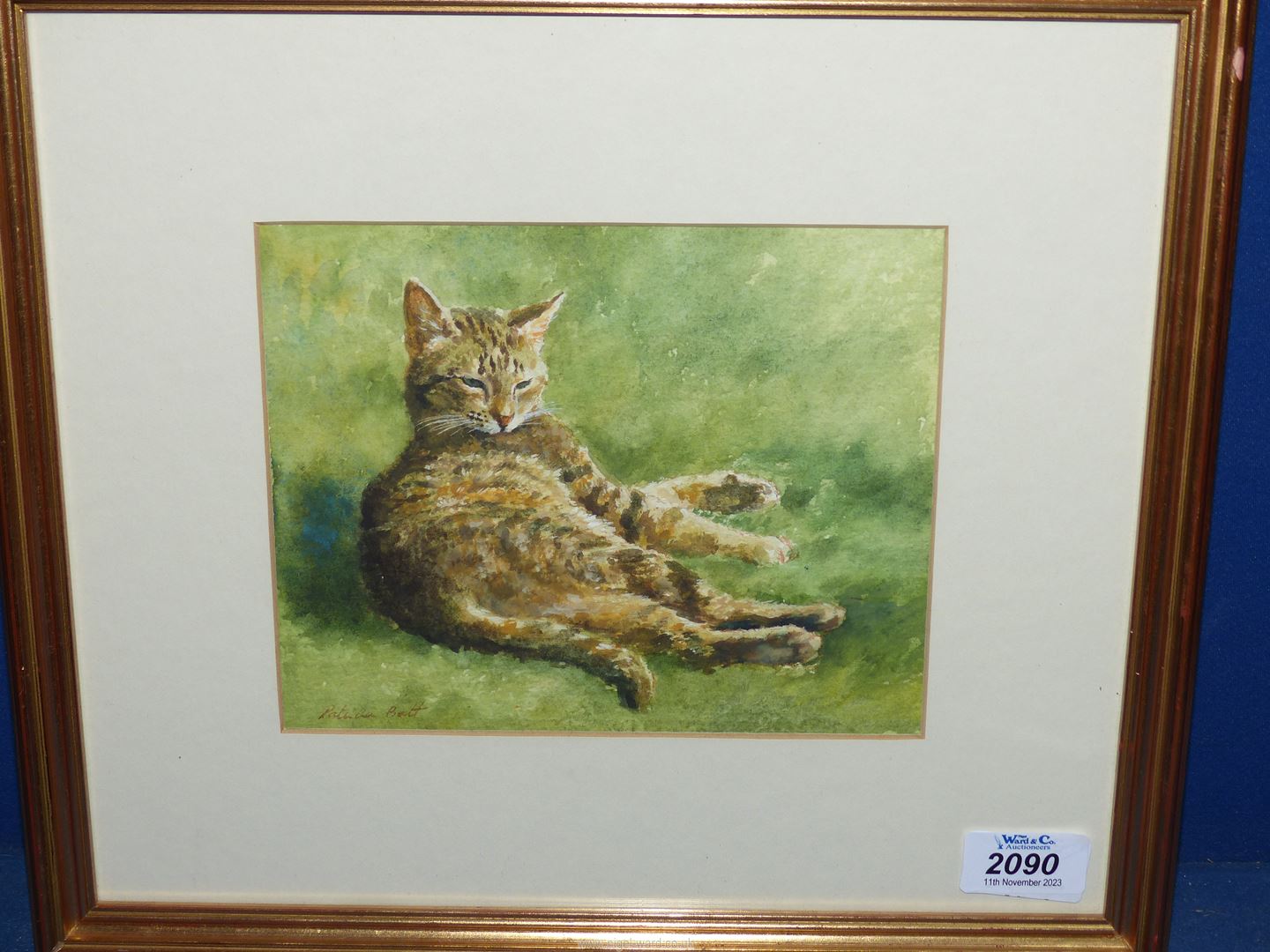 An original framed and mounted Watercolour by Patricia Butt depicting a cat lay in the sun washing - Image 2 of 2