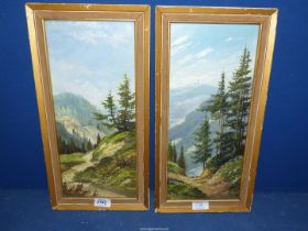 A pair of rocky mountain Oil on board with tree lined paths, signed lower left Chirsch,