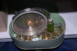 A quantity of brass and plate including candlesticks, trivet, galleried tray, etc.