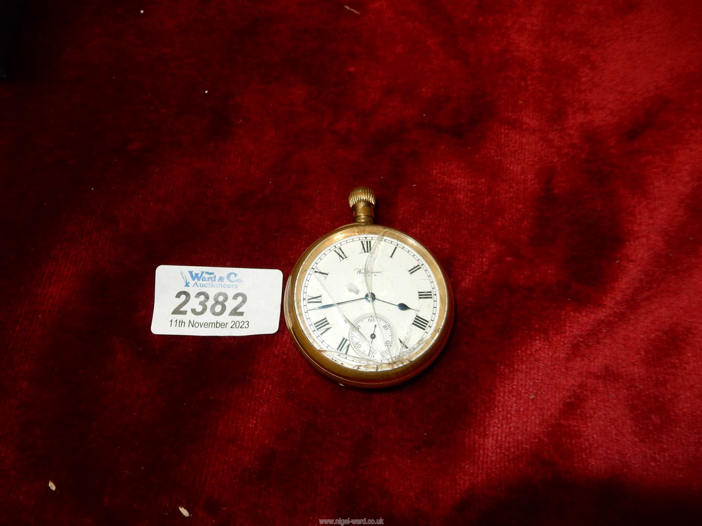An AWW Co. Waltham USA 'Traveler' brass pocket watch, glass a/f. - Image 2 of 4