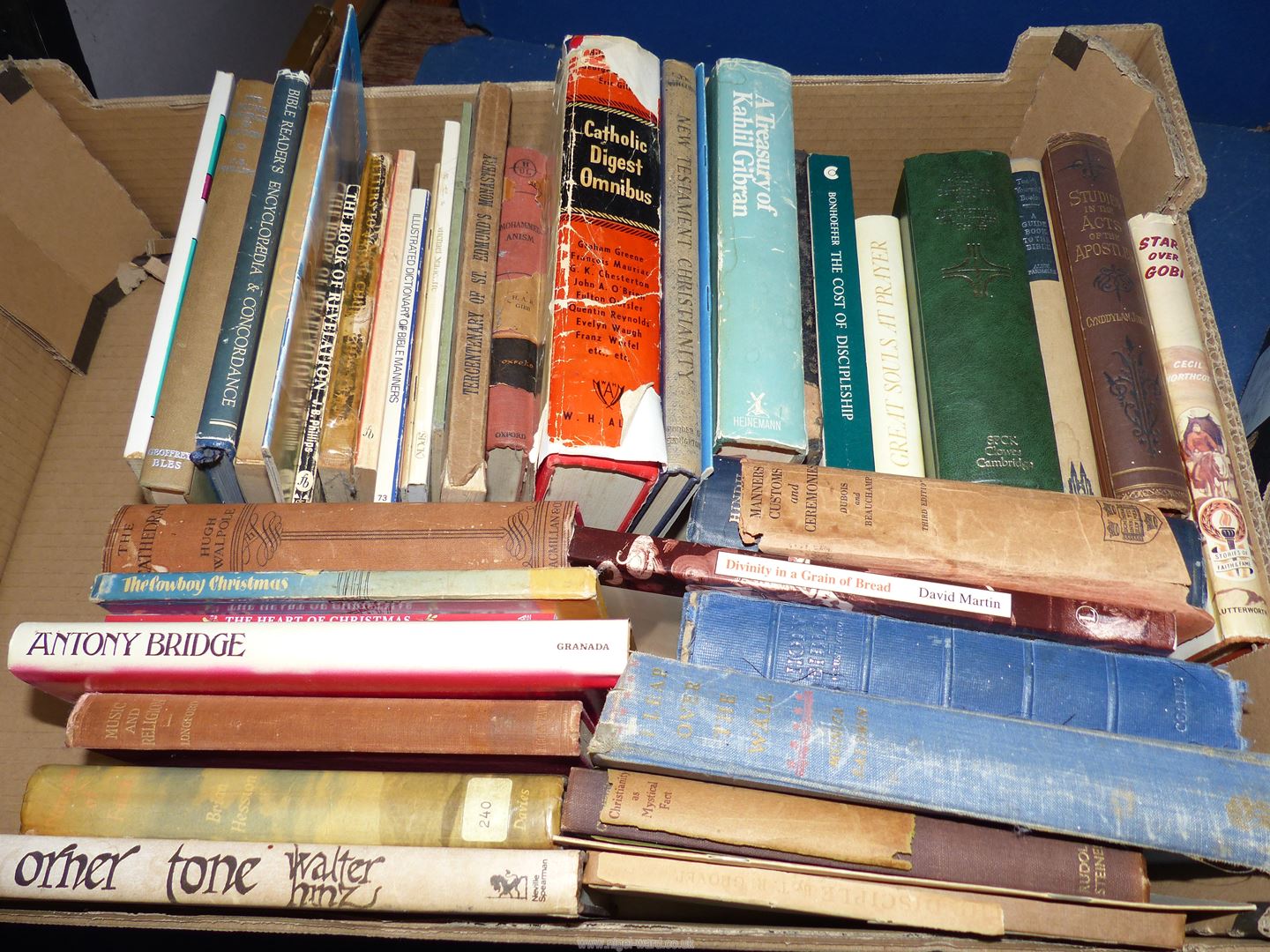 Two boxes of religious themed books including antique bibles, rare religious study guides, etc. - Image 3 of 3