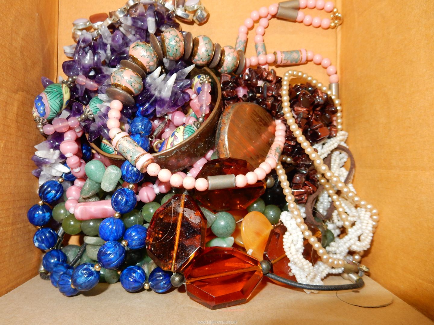 A box of costume jewellery including stone necklaces (amethyst, etc.), bracelets, etc. - Image 2 of 2