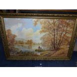 A large Don Vaughan Print in gilt frame depicting river landscape with father and son fishing,