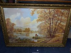 A large Don Vaughan Print in gilt frame depicting river landscape with father and son fishing,
