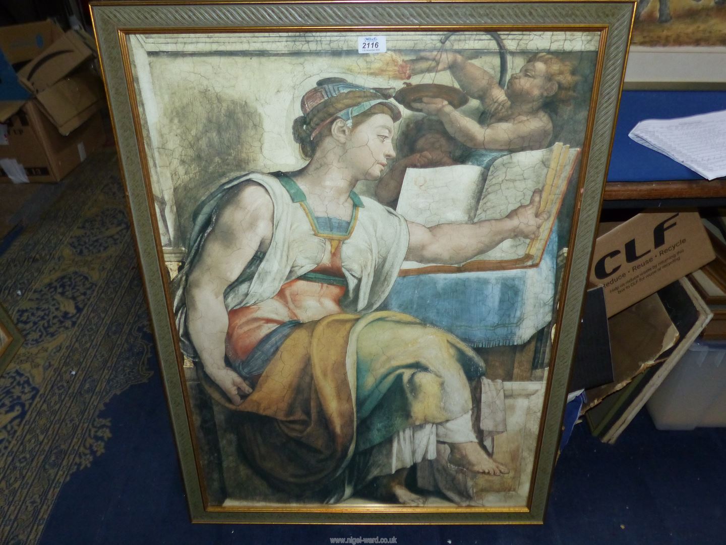 A framed Michelangelo print 'Erythraean Sibyl', 39" x 29".