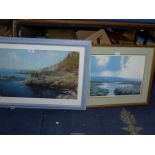 A blue framed and mounted Print of a coastline with gentlemen fishing, along with 'R.