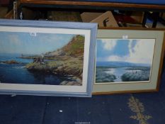 A blue framed and mounted Print of a coastline with gentlemen fishing, along with 'R.