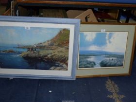 A blue framed and mounted Print of a coastline with gentlemen fishing, along with 'R.