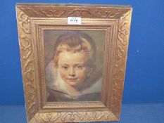 A carved framed Print on canvas, portrait of a child , Peter Paul Rubens, 13 1/4" x 18".