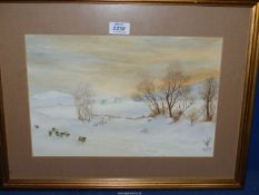 A framed and mounted Watercolour depicting a Winter landscape,