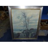 A large framed Oil on board landscape of trees and houses leading down to the sea,