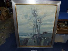 A large framed Oil on board landscape of trees and houses leading down to the sea,