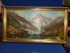 A large Oil on canvas of an alpine scene with wooden chalet,