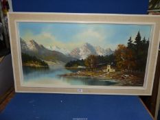 A framed oil painting depicting The Berge Mountains with river valley and cabin,