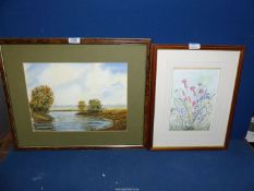 Two framed and mounted but unglazed Watercolours; one of wild flowers, the other of a river scene,