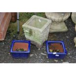 A square concrete planter, 11 1/2'' wide x 13'' high plus two small square blue glazed planters.