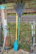 Two oars and a plastic garden rake.