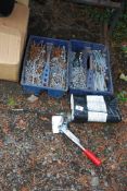 Two trays of galvanised nails, nuts and bolts, grease gun and refill cartridges.