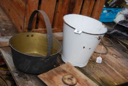 Enamel pail and a brass jam pan.