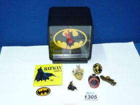 Miscellaneous Batman memorabilia to include a clock, enamel badges incl. Warner Bros.