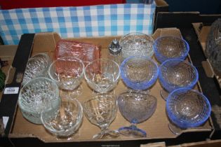 A quantity of dessert bowls including some in blue glass, plus a pink cheese dish, etc.