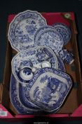 A quantity of blue and white china to include; meat plates, vegetable dish, pepper pot, etc.