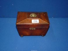A Mahogany sarcophagus shaped tea caddy with two compartments.