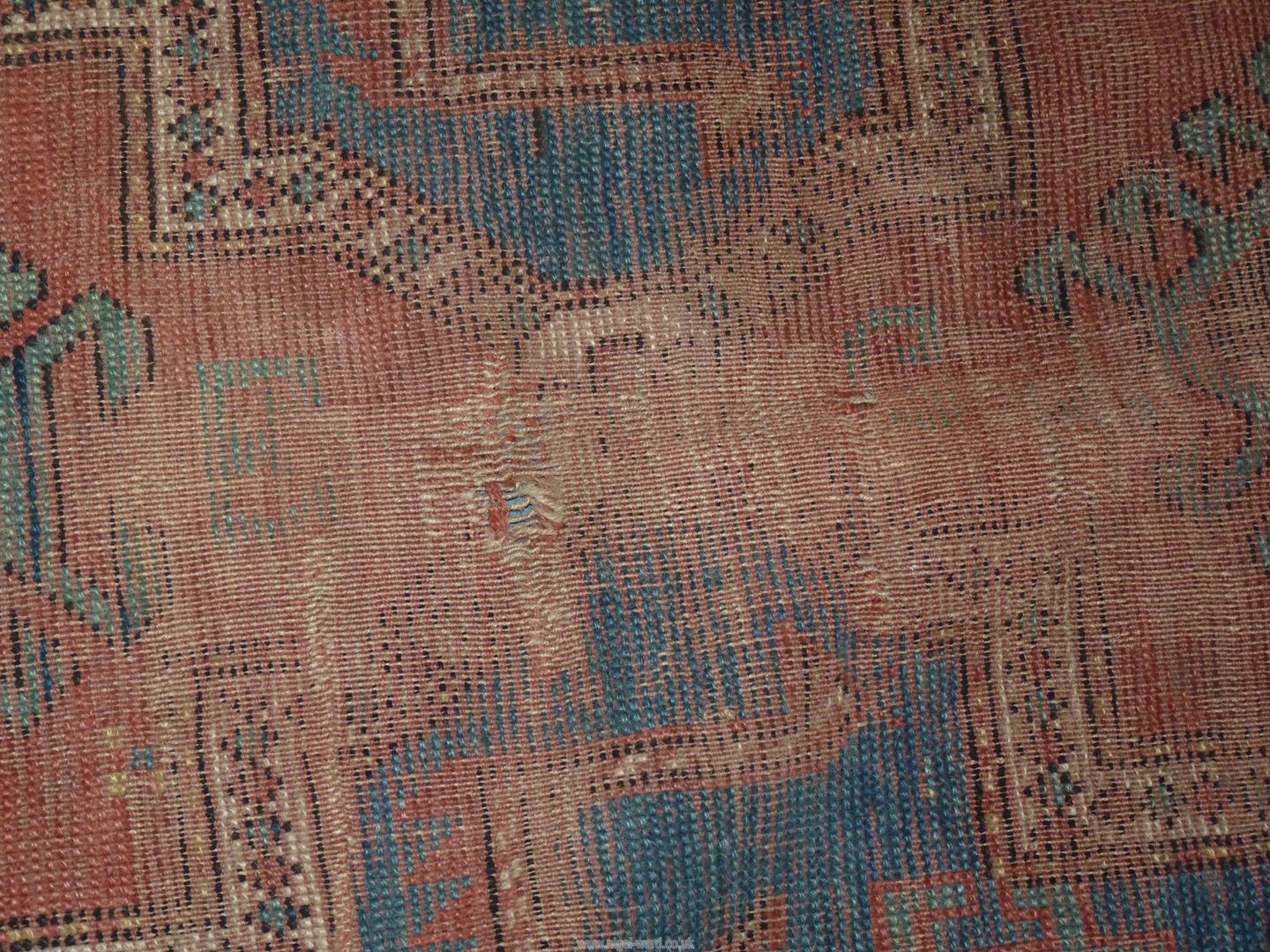 A border pattern rug in blue ground with red and cream geometric patterns, worn condition, - Image 3 of 4
