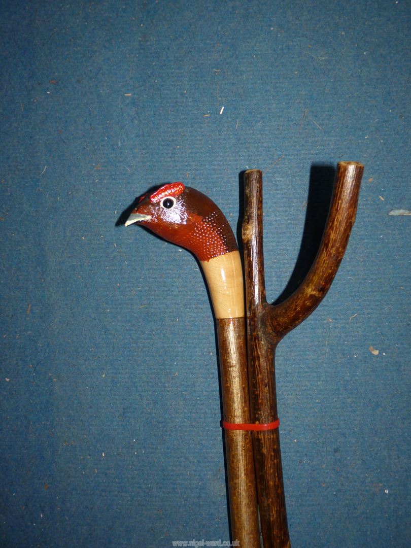 A carved hazel long shank Staff with red grouse knop along with a more traditional 'Y' top hazel - Image 2 of 3