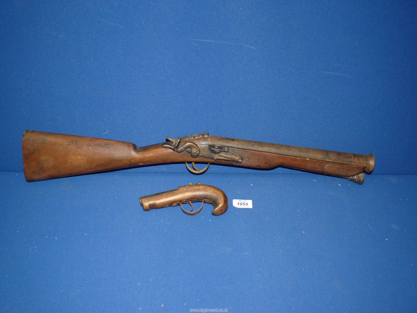 A small wooden replica pistol and a replica Blunderbuss style pistol ** NLW** - Image 2 of 2