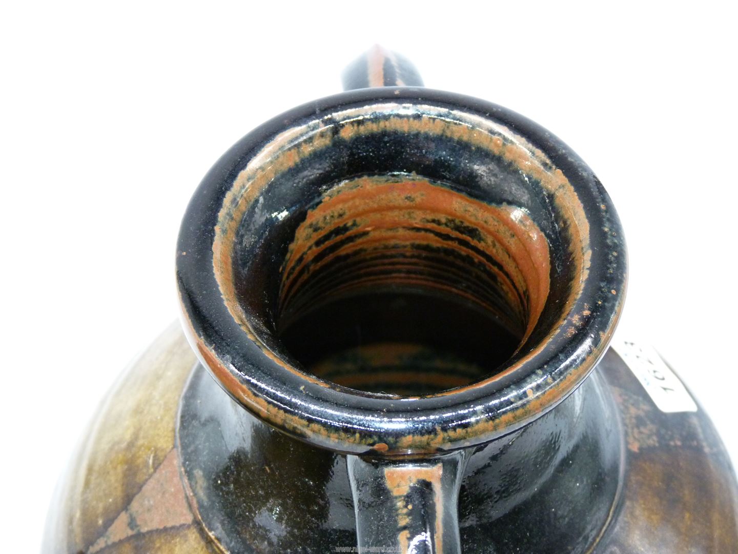 Two Studio Pottery vases, one with handles in black, russet and olive green drip glaze, - Image 7 of 15